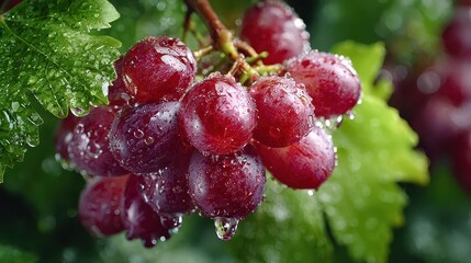 Grapes rotate while water droplets fall on them in a simple video of fresh fruit