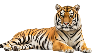 A majestic tiger lies down on a black background, looking directly at the camera.