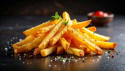 A pile of golden French fries seasoned with salt and herbs on a dark surface with a blurred sauce in the background.