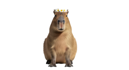 A capybara wearing a flower crown on a black background looks adorable and charming