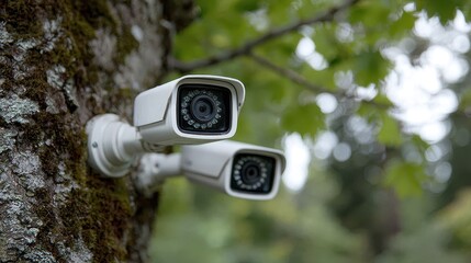 Security cameras mounted on tree trunk in green outdoor area observing surroundings during daylight hours