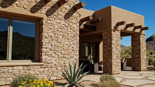 Southwest Architectural Oasis: A stunning display of architectural beauty, showcasing a modern residence with its unique stonework exterior, wooden beam accents, and desert landscaping.