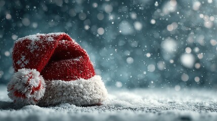 Red Santa hat resting on snow during Christmas snowfall in winter