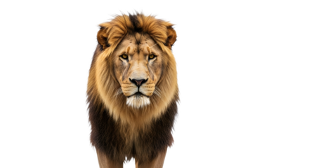 A majestic lion with a thick mane stands against a black background