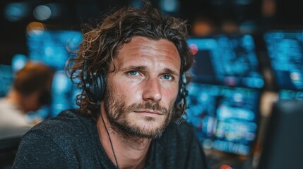 Man sits at computer desk with headset while working on multiple screens in modern office environment in evening hours