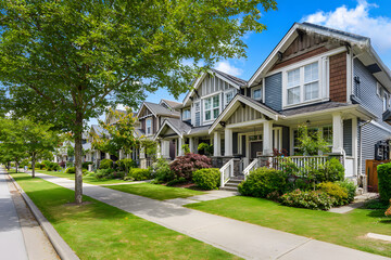 Beautiful houses line a quiet street on a sunny day in a suburban neighborhood