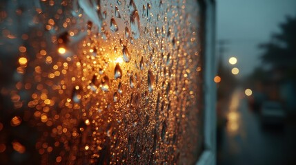 Summer rain creates droplets on a window as the sun sets in the background, capturing moments of a quiet evening