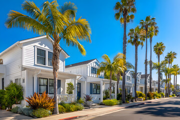 Colorful houses on a sunny street with palm trees in a tropical neighborhood in Southern California during daytime