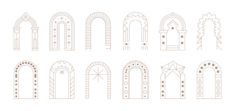Arabian Boho Islamic Frame Vector Set with Moroccan Gates, Arabic Arches, Mosque Interior Elements, Stars and Crescents for Ramadan and Eid Mubarak Design