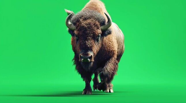 A majestic American bison with its characteristic hump and horns steadily advances on a pure green screen studio floor.