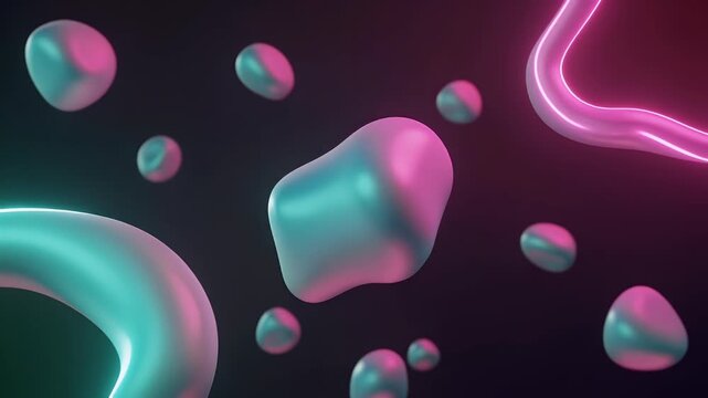 Abstract 3D rendered image of glowing liquid metallic blobs in pink and teal colors on a dark background.