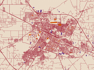 City map of Hisar, India &mdash; warm ivory base with deep wine street grid, clay-orange areas and dusky purple waterways