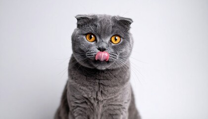 Gray Scottish Fold Cat Licking Nose with Yellow Eyes.