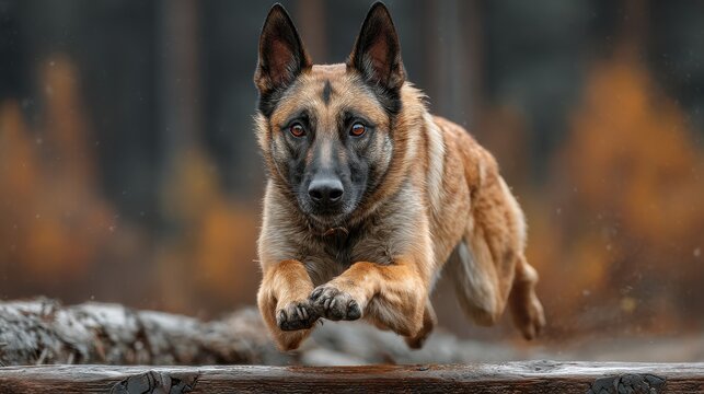 Belgian malinois dog leaps over a wooden obstacle during a training session in a forest setting in autumn