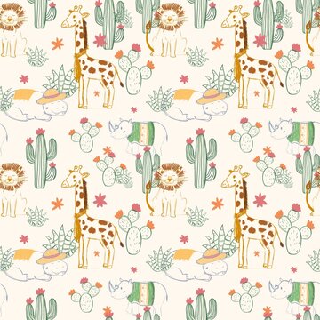 Cute seamless pattern with hand drawn sketch safari animals. Raster illustration of giraffe, lion, hippo and cactus for children's textile, nursery wallpaper and baby clothes