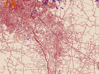 Fototapeta premium Street network map of Rajpur Sonarpur, India, muted violet water and terracotta
