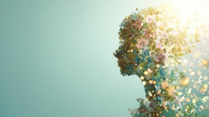 abstract human head silhouette filled with blooming spring plants and soft digital particles, artificial intelligence renewal concept, light pastel