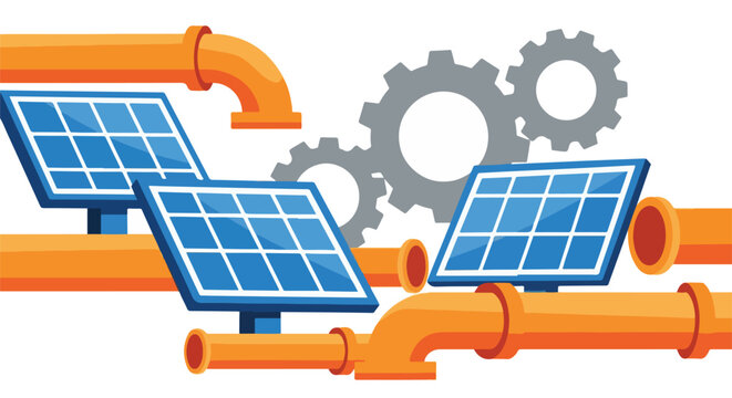 Clean energy concept with solar panels and industrial gears, representing renewable energy and technology integration