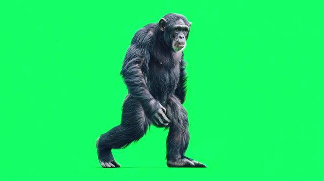 This image captures a chimpanzee walking forward, slightly angled towards the viewer, against a bright green screen backdrop.