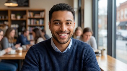 Smiling African American man in comfortable office. Business professional ready for work meeting. Contemporary collaboration and deal concept in modern workspace.