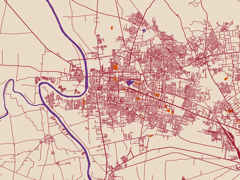 City map of Sangli, India &ndash; muted violet water and terracotta