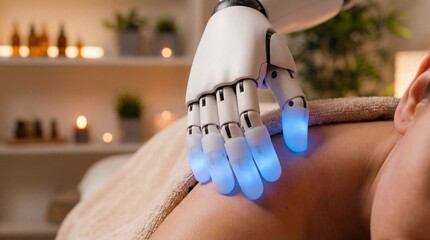 Robotic hand with glowing blue fingers massaging womans neck and shoulder. Domestic AI robot providing spa therapy at home. Future of household caregiving technology for elderly wellness and