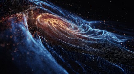 Close up of artificial intelligence scanning cosmic background radiation, fine wave patterns and data overlays floating in space, realistic