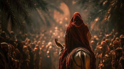 Jesus rides a donkey into Jerusalem during Palm Sunday while people watch