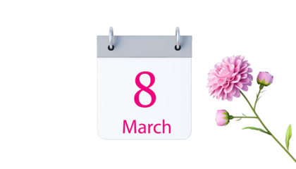 A calendar page showing the date march 8 is displayed next to a pink flower on a white background in a close up view