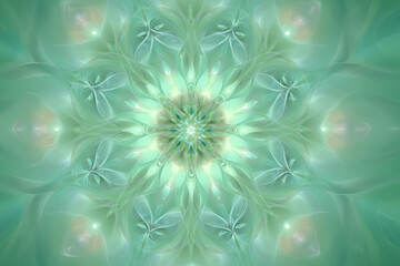 Floral pattern with green tones and soft light effects in a circular design created with digital art techniques