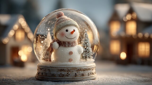 Festive snowman inside a magical Christmas snow globe with lighted houses in background during winter holiday season