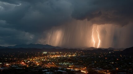 Lightning strikes during a night storm over a city with rain and dark clouds in the sky