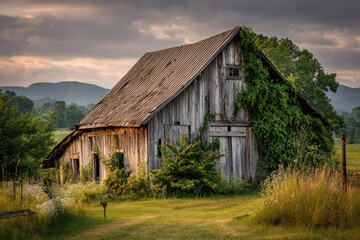 Old Wooden Barn Surrounded by Tall Grass and Ivy