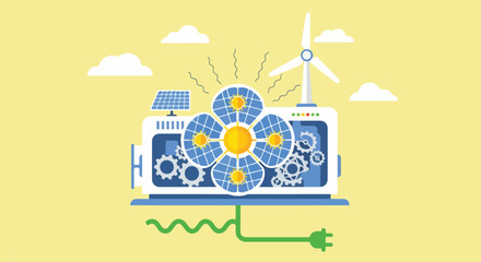 Renewable energy concept: Solar panels and wind turbine powering a battery with gears and a plug