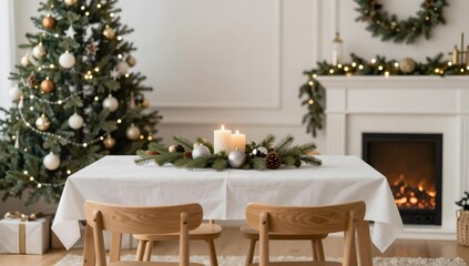 Obraz premium Christmas arrangement on table with tree and fireplace in the background is serene