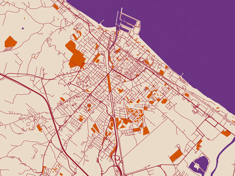 Street map of Fano, Italy in terracotta and violet accents