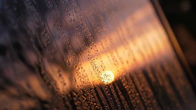 Abstract view of a sunset through a glass surface with water droplets