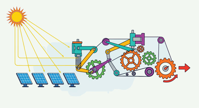 Solar power energy conversion mechanism with gears and levers converting sunlight into mechanical motion