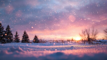 Fototapeta premium Calm Snowy Landscape Bathed in Golden Hour Light and Snowflakes