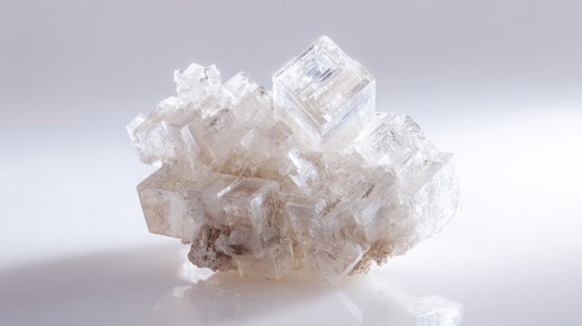 halite rock salt crystal isolated on white background, cubic crystal structure, transparent and matte surfaces, scientific mineralogy accuracy, clean
