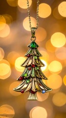 Festive Christmas Tree Pendant with Bokeh Lights Background.