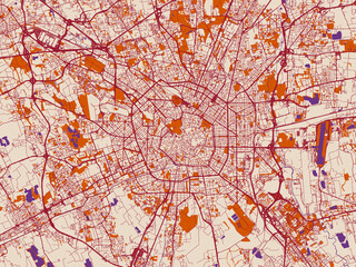 Naklejka premium Urban map poster of Milan Metropolis, Italy – terracotta and violet accents