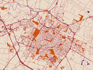 Obraz premium Urban map poster of Modena, Italy with cream-toned map field with burgundy roads, terracotta highlights and muted violet water shapes