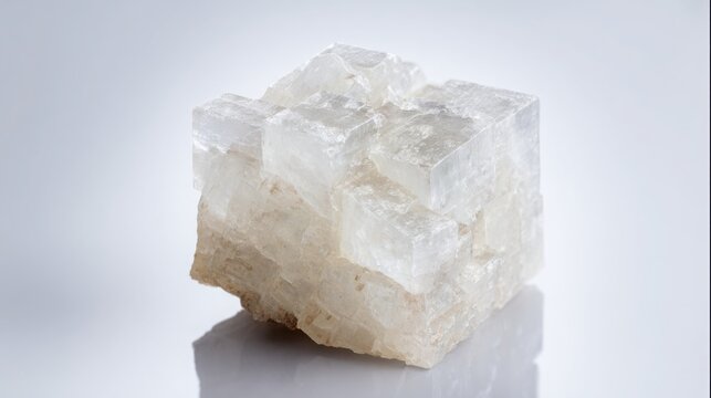 halite rock salt crystal isolated on white background, cubic crystal structure, transparent and matte surfaces, scientific mineralogy accuracy, clean