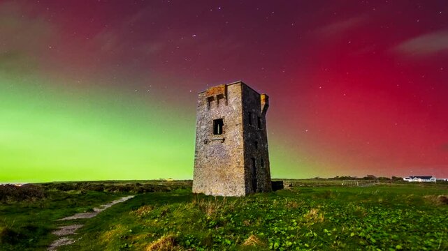 Northern lights and Knockadoon Signal Tower, Cork, Ireland