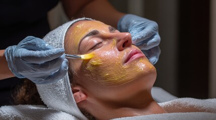 Technician applying facial mask to a client during a treatment session in a spa facility