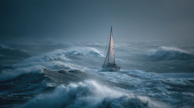 Lone sailboat navigates a winter storm on a churning sea with high waves and dark skies
