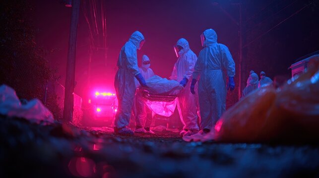 Medical workers in protective gear manage body bags during nighttime response in urban area