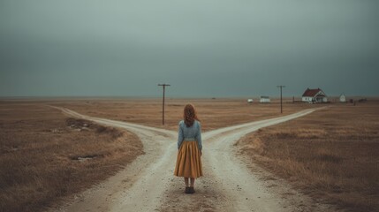 Girl stands at a fork in the road considering her options in a rural setting during an overcast day