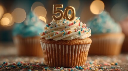 Fast sequence of birthday cupcakes celebrating fifty years with colorful decorations and a candle at a festive event
